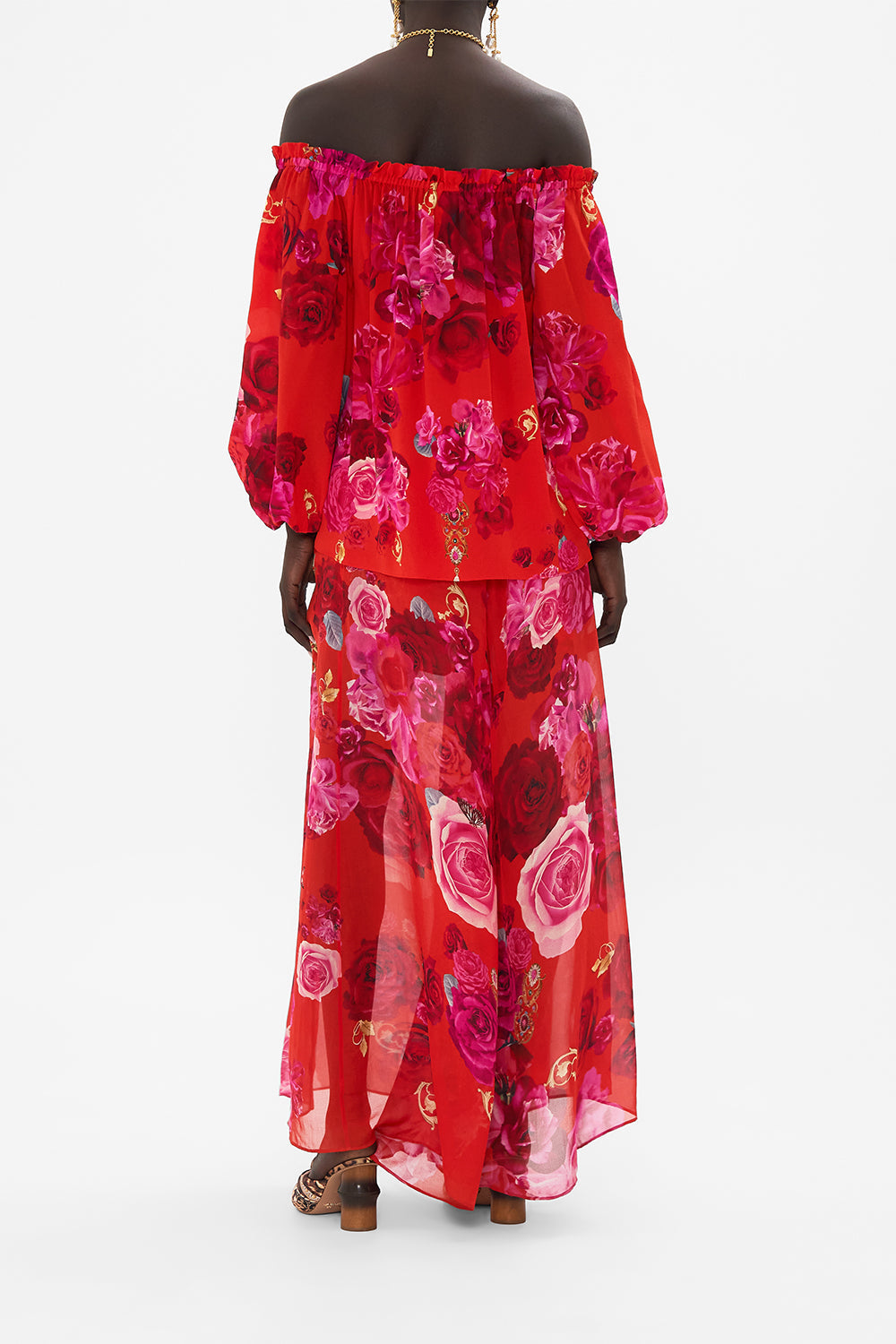 Back view of model wearing CAMILLA off the shoulder top in An Italian Rosa print