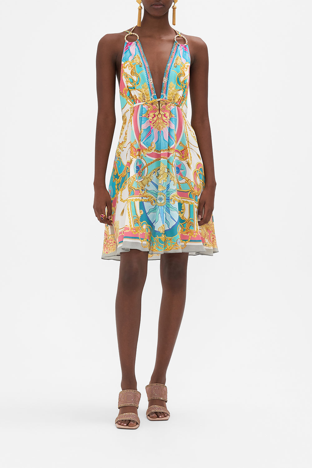 Front view of model wearing CAMILLA silk mini dress in Sail Away With Me print 