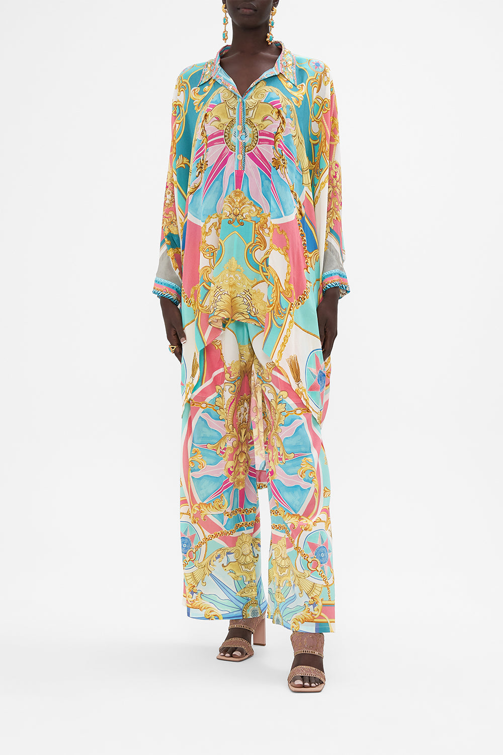 Front view of model wearing CAMILLA drape back top in Sail Away With me print 