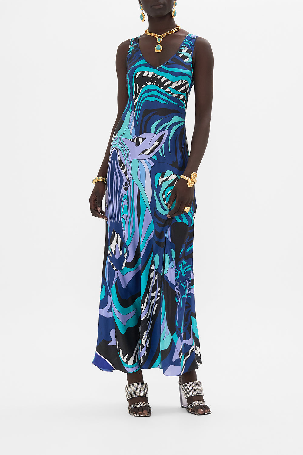 Front view of model wearing CAMILLA bias silk dress in Vividley Venice print 