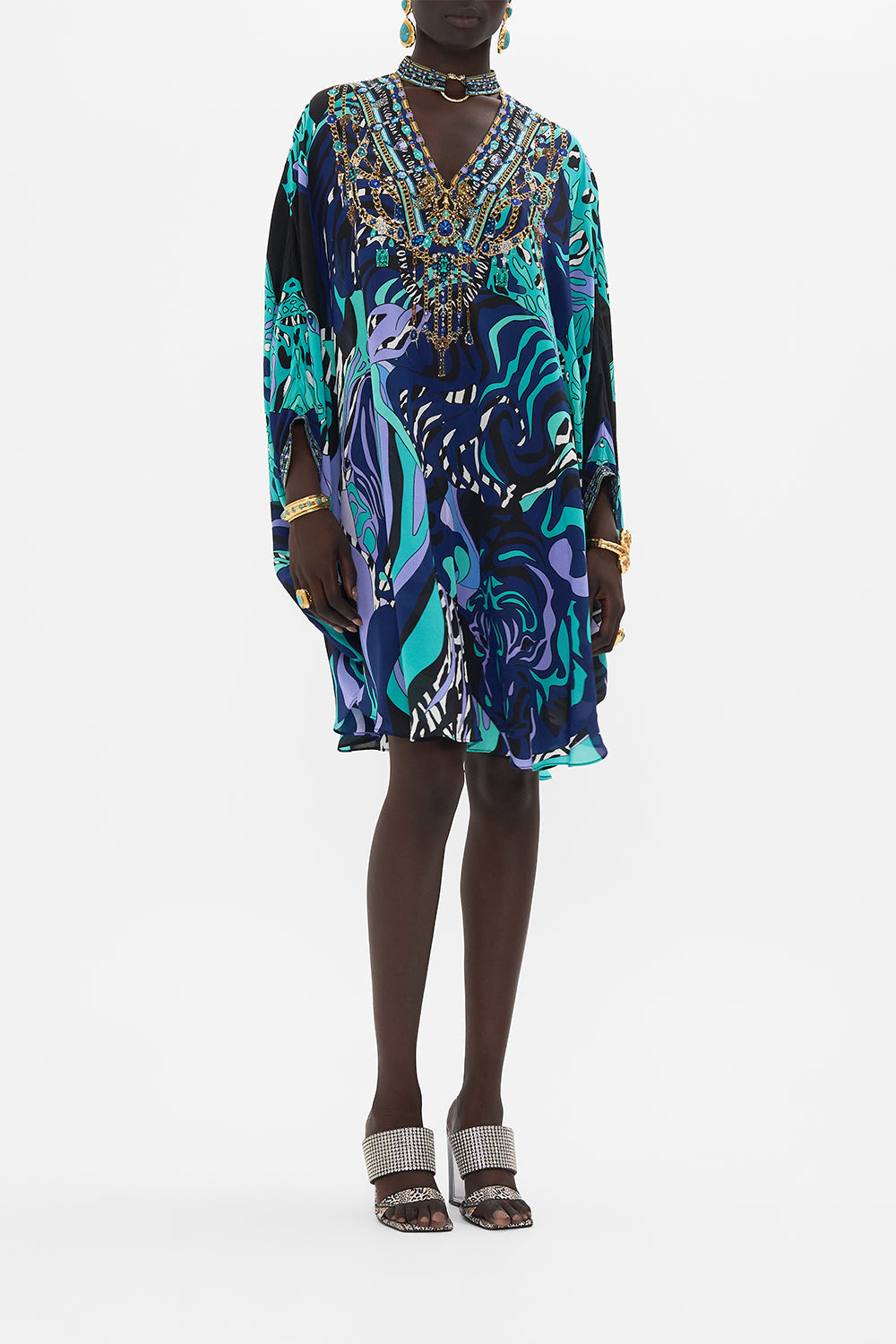 Front view of model wearing CAMILLA silkmini dress in Vividly Venice print 