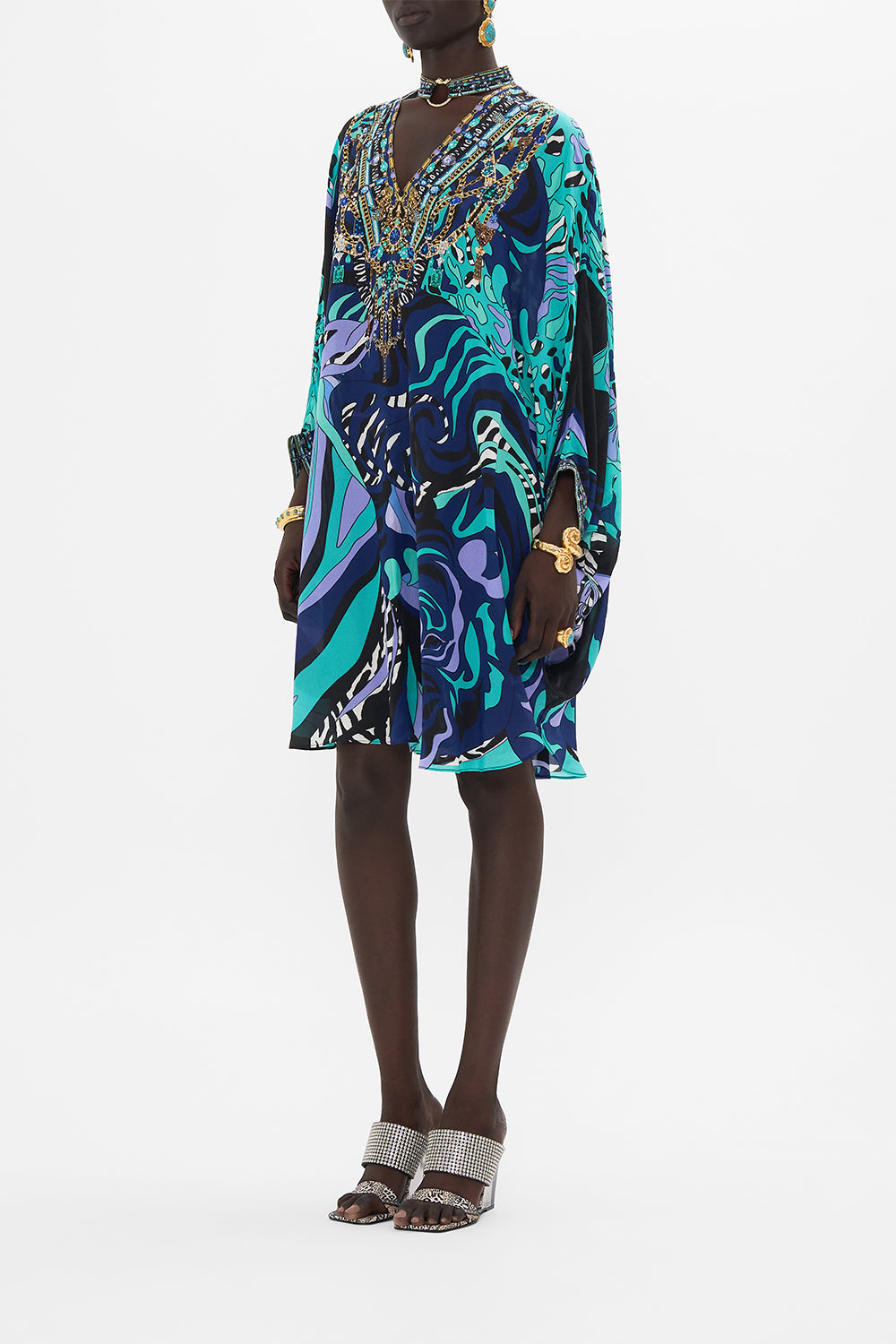 Side view of model wearing CAMILLA silkmini dress in Vividly Venice print 