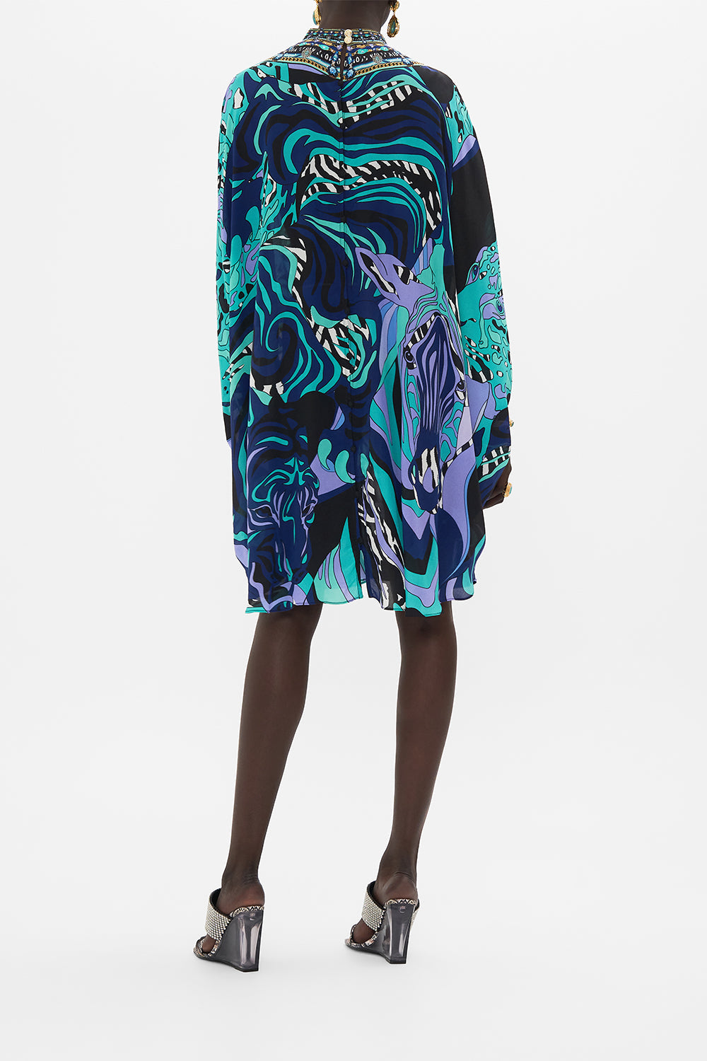 Back view of model wearing CAMILLA silkmini dress in Vividly Venice print 