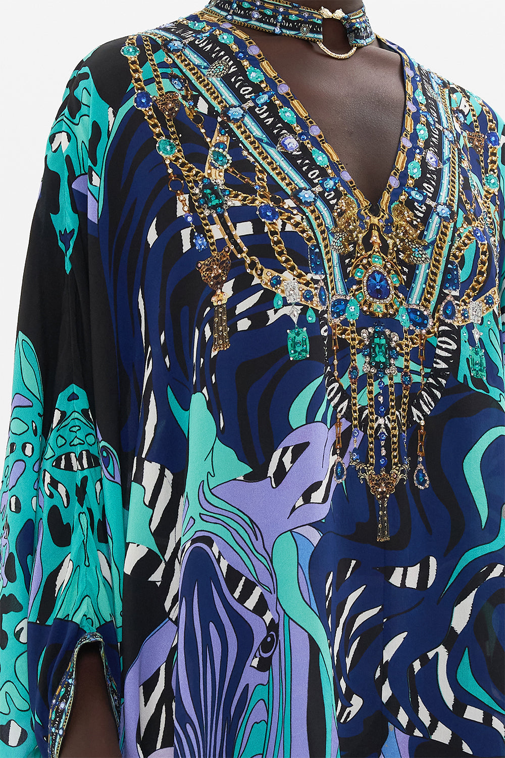 Detail view of model wearing CAMILLA silkmini dress in Vividly Venice print 