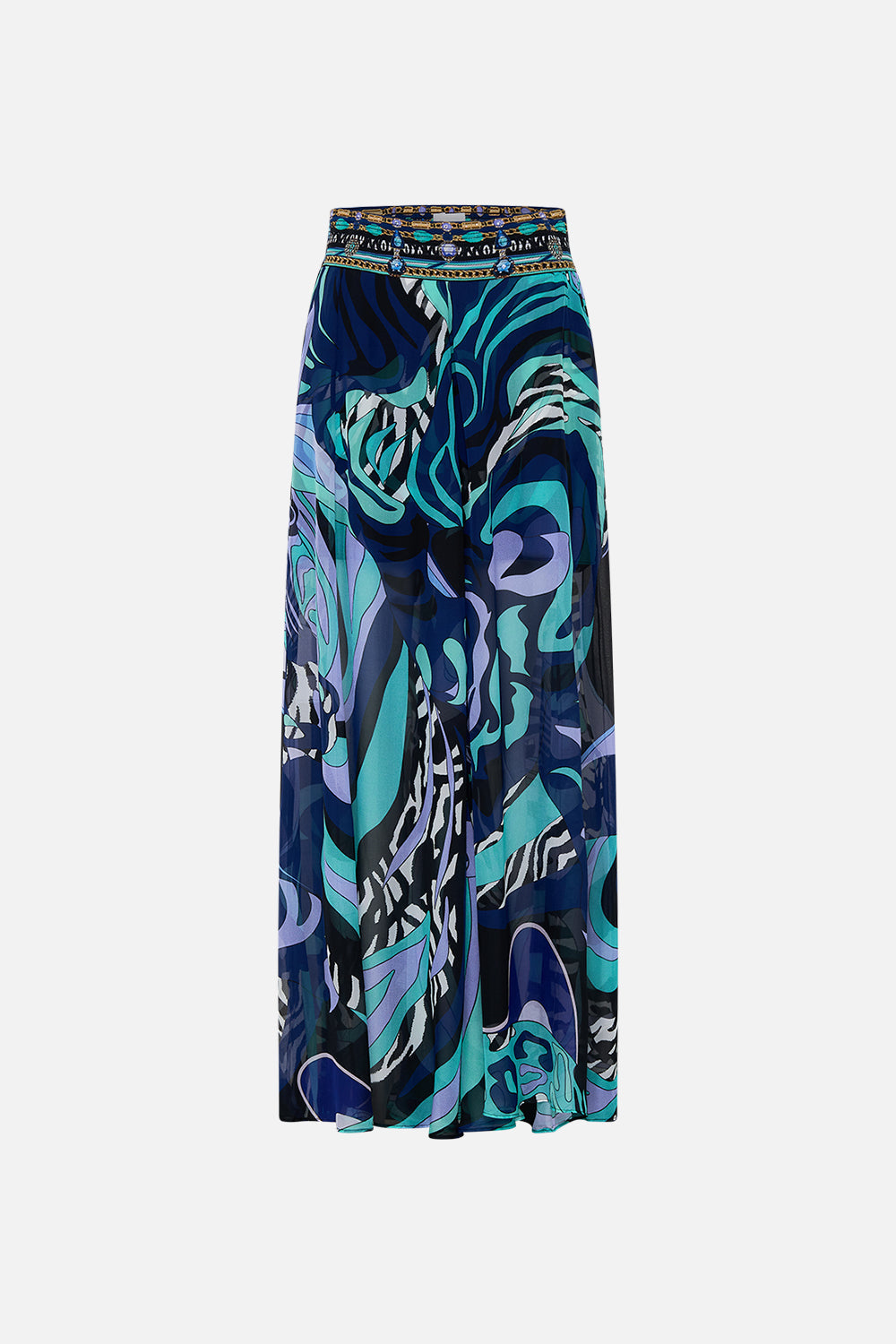 Product view of CAMILLA sheer silk palazzo pants in Vividly Venice print 
