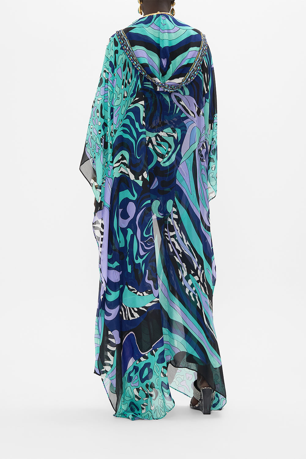 Back view of model wearing CAMILLA silk robe in Vividly Venice print