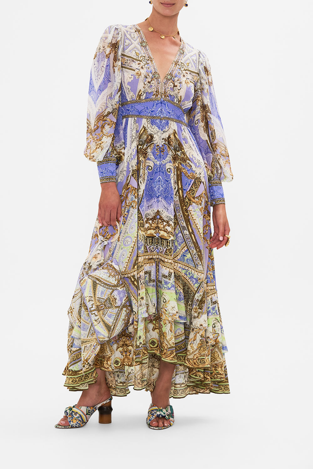 Front view of model wearing CAMILLA silk maxi dress in Guilded Pleasures print