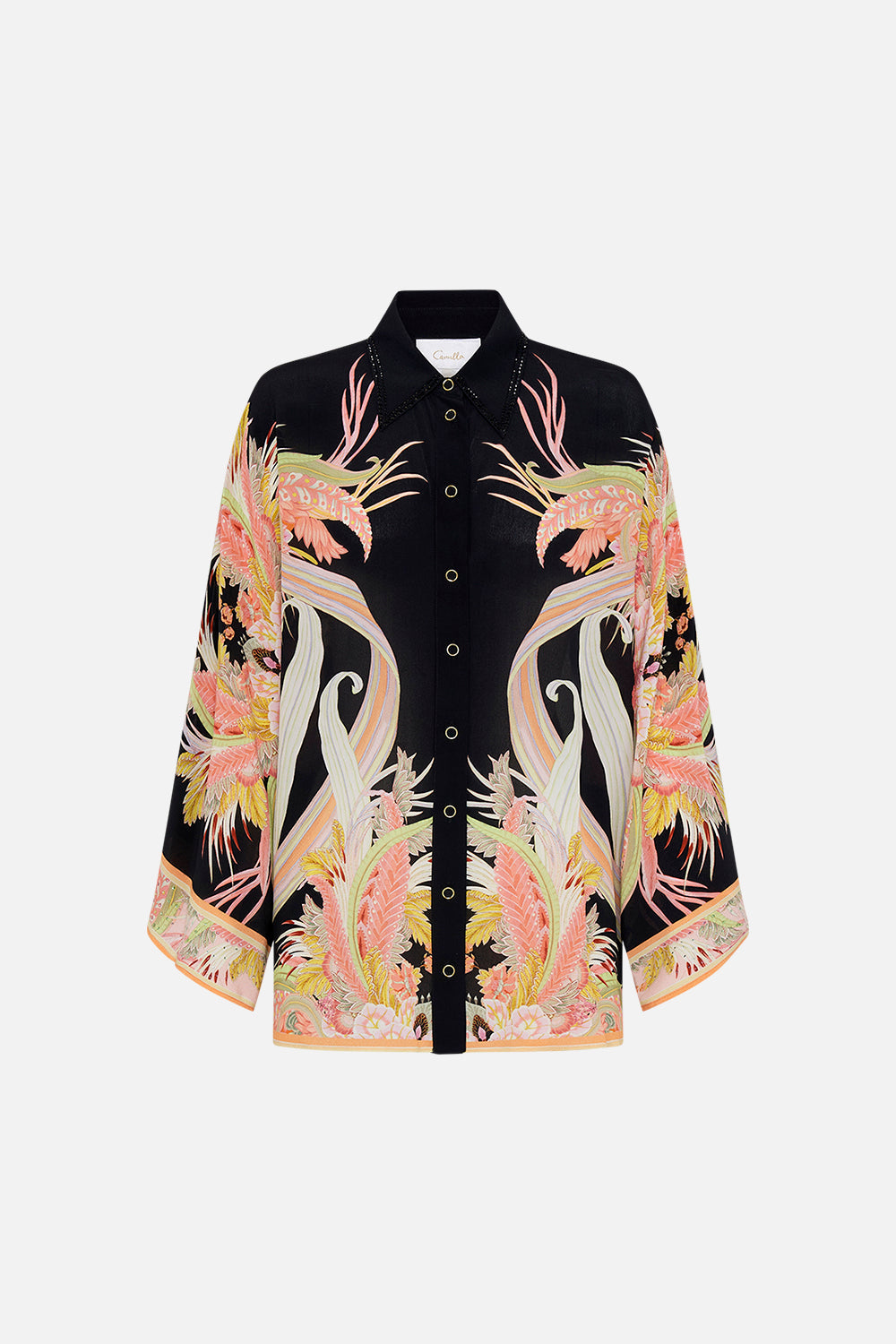 Product view of CAMILLA designer silk blouse in Lady of The Moon print