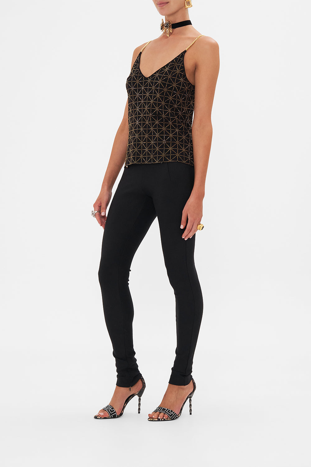 Side view of model wearing CAMILLA cami in Soul of A Stargazer print