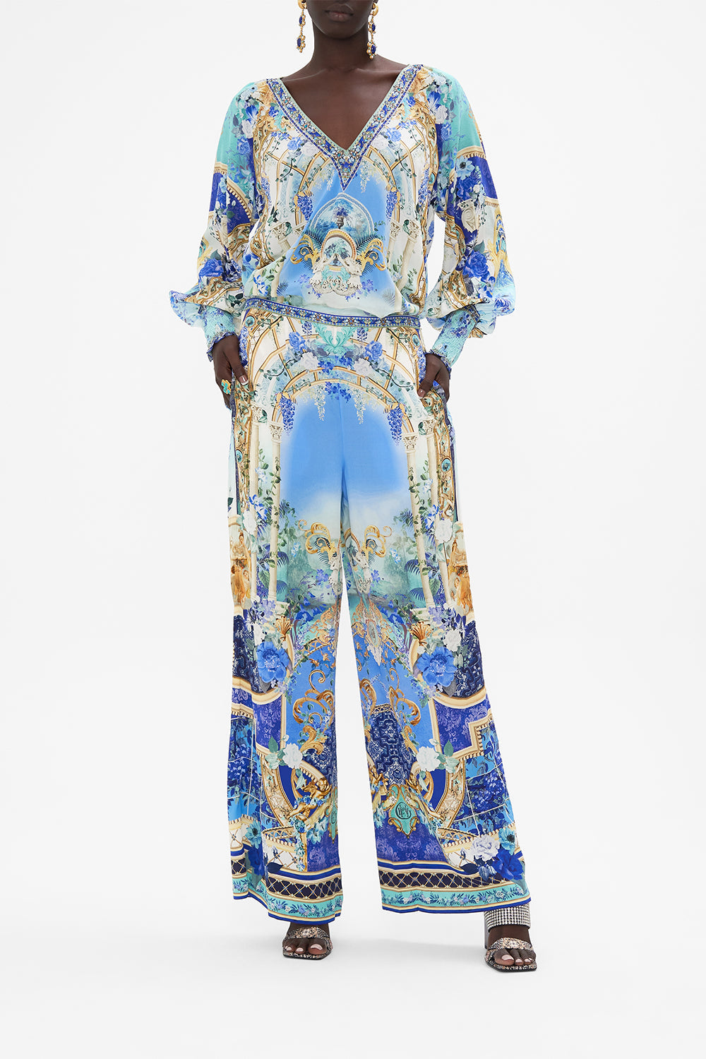 Front view of model wearing CAMILLA silk blouse in Views Of Vesuvius print