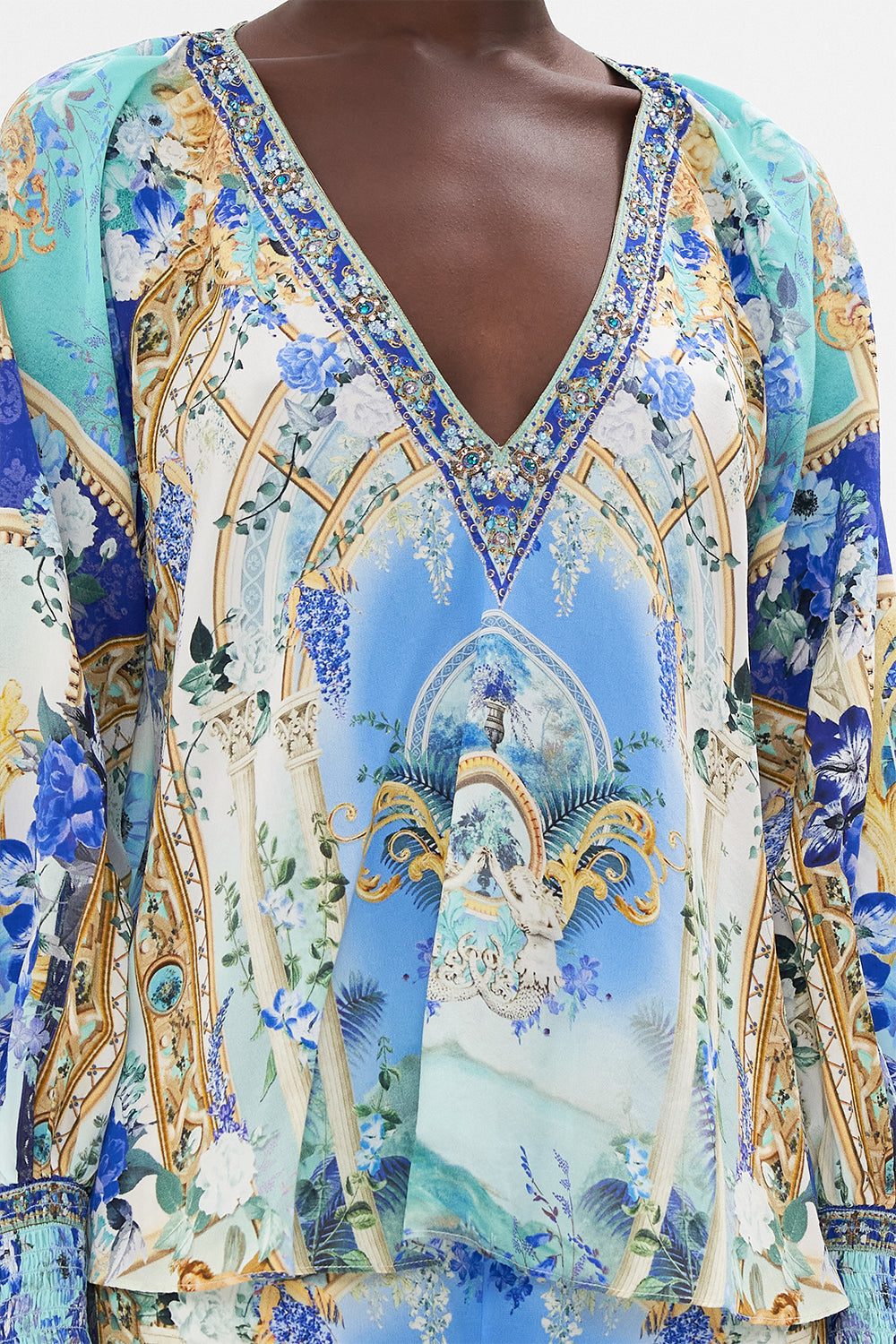 Detail view of model wearing CAMILLA silk blouse in Views Of Vesuvius print