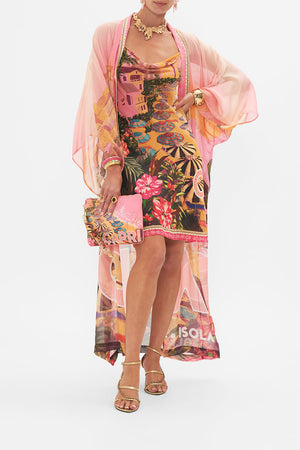 Detail view of model wearing CAMILLA silk slip dress in Capri Me print