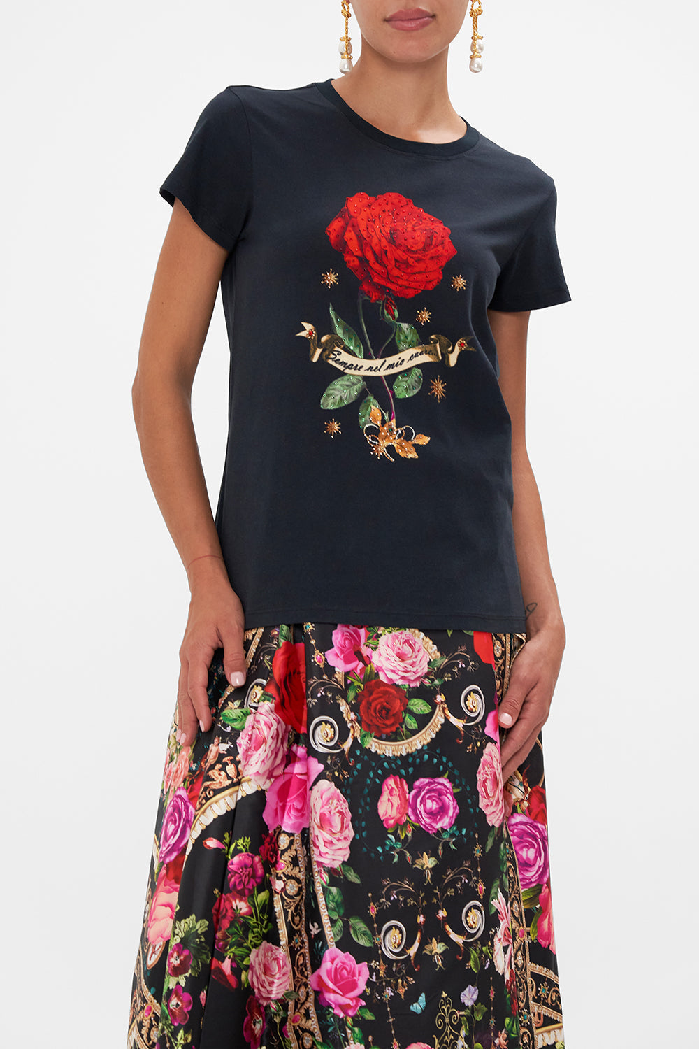 Side view of model wearing CAMILLA women t shirt in Reservation For Love print