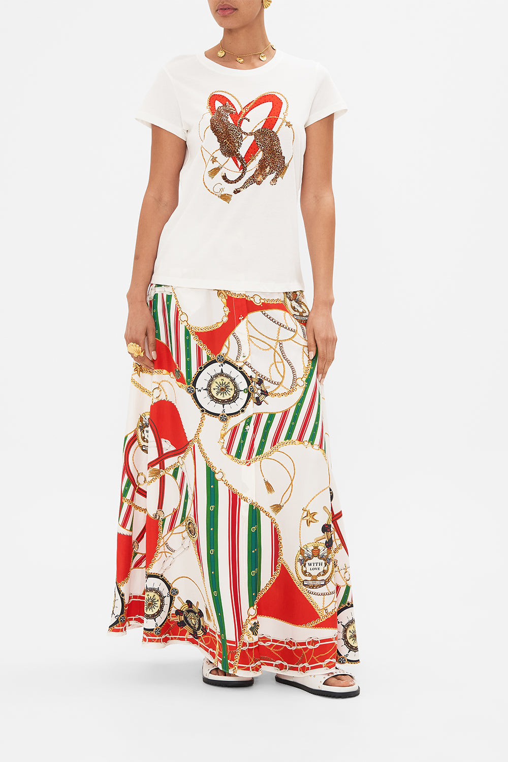 Front view of model wearing CAMILLA womenswhite t shirt in Saluti Summertime print