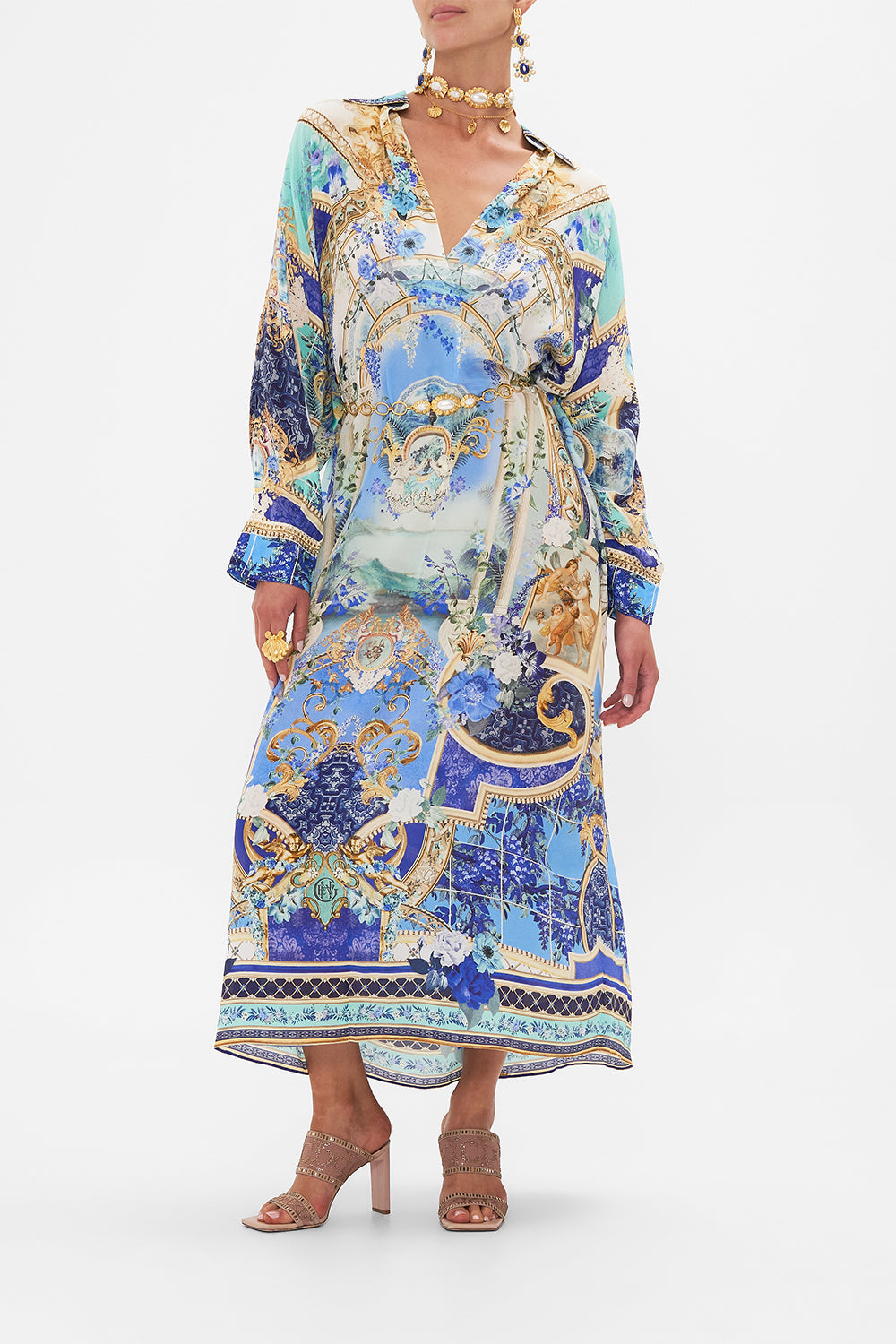 Front view of model wearing CAMILLA silk kaftan in Views Of Vesuvius print