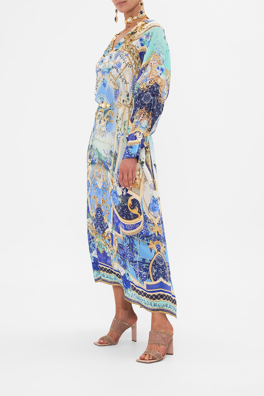 Side view of model wearing CAMILLA silk kaftan in Views Of Vesuvius print