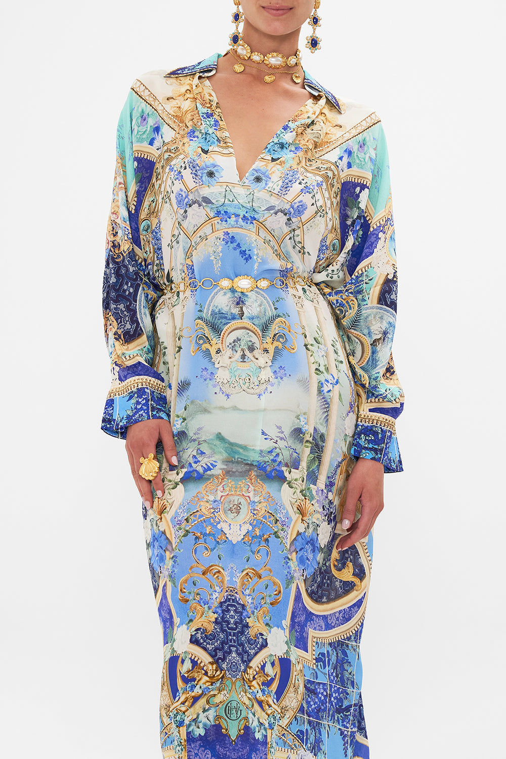 Crop view of model wearing CAMILLA silk kaftan in Views Of Vesuvius print