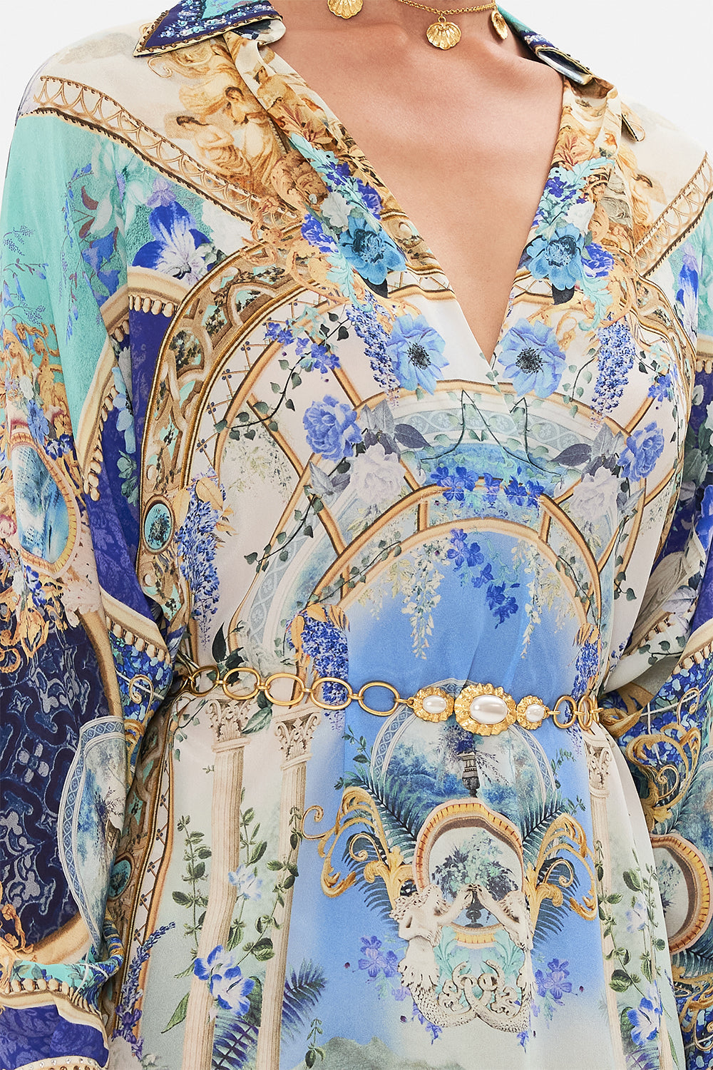 Detail view of model wearing CAMILLA silk kaftan in Views Of Vesuvius print