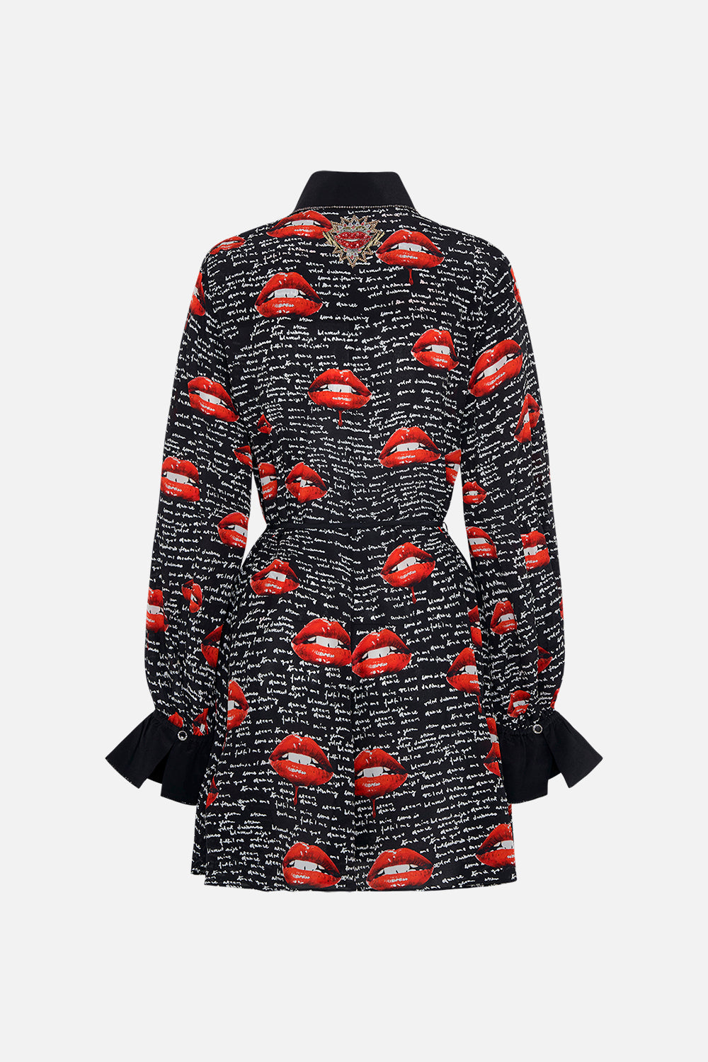 Back product view of CAMILLA  black silk shirt dress in Chaos Magic print 