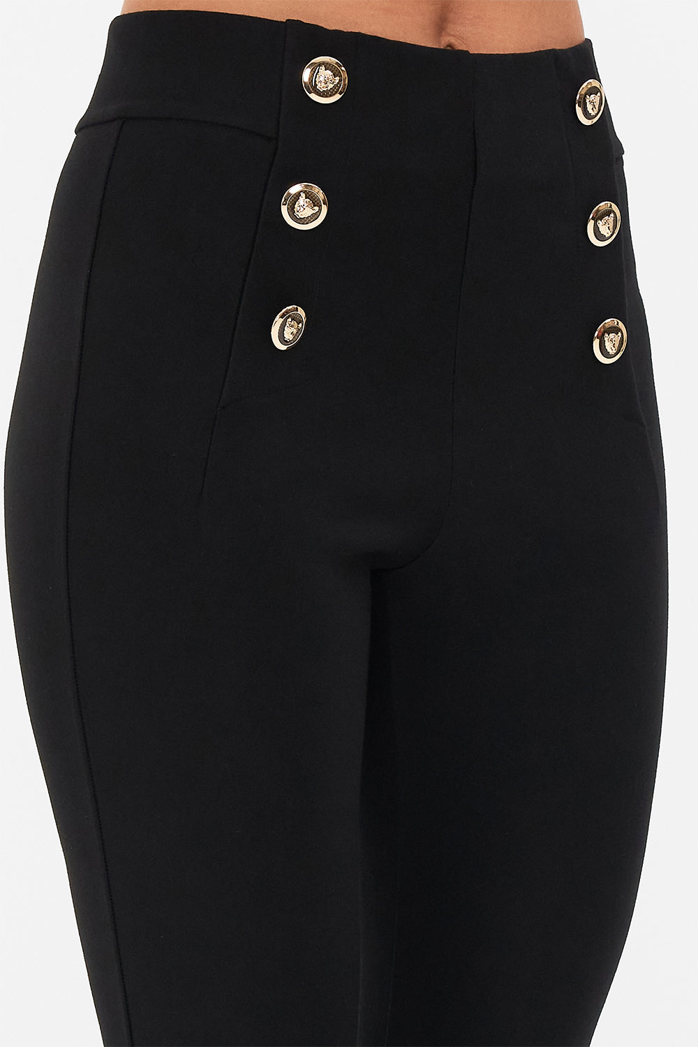 Detail view of model wearing CAMILLA ponte pant in Florence Field Day print