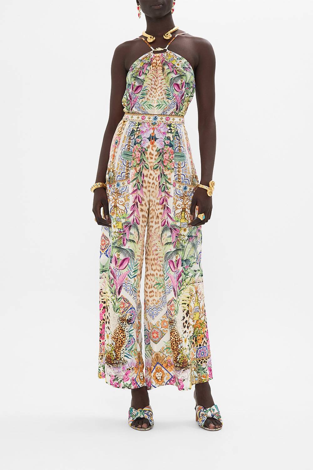 Front view of model wearing CAMILLA floral silk pants in Flowers Of Neptune print 