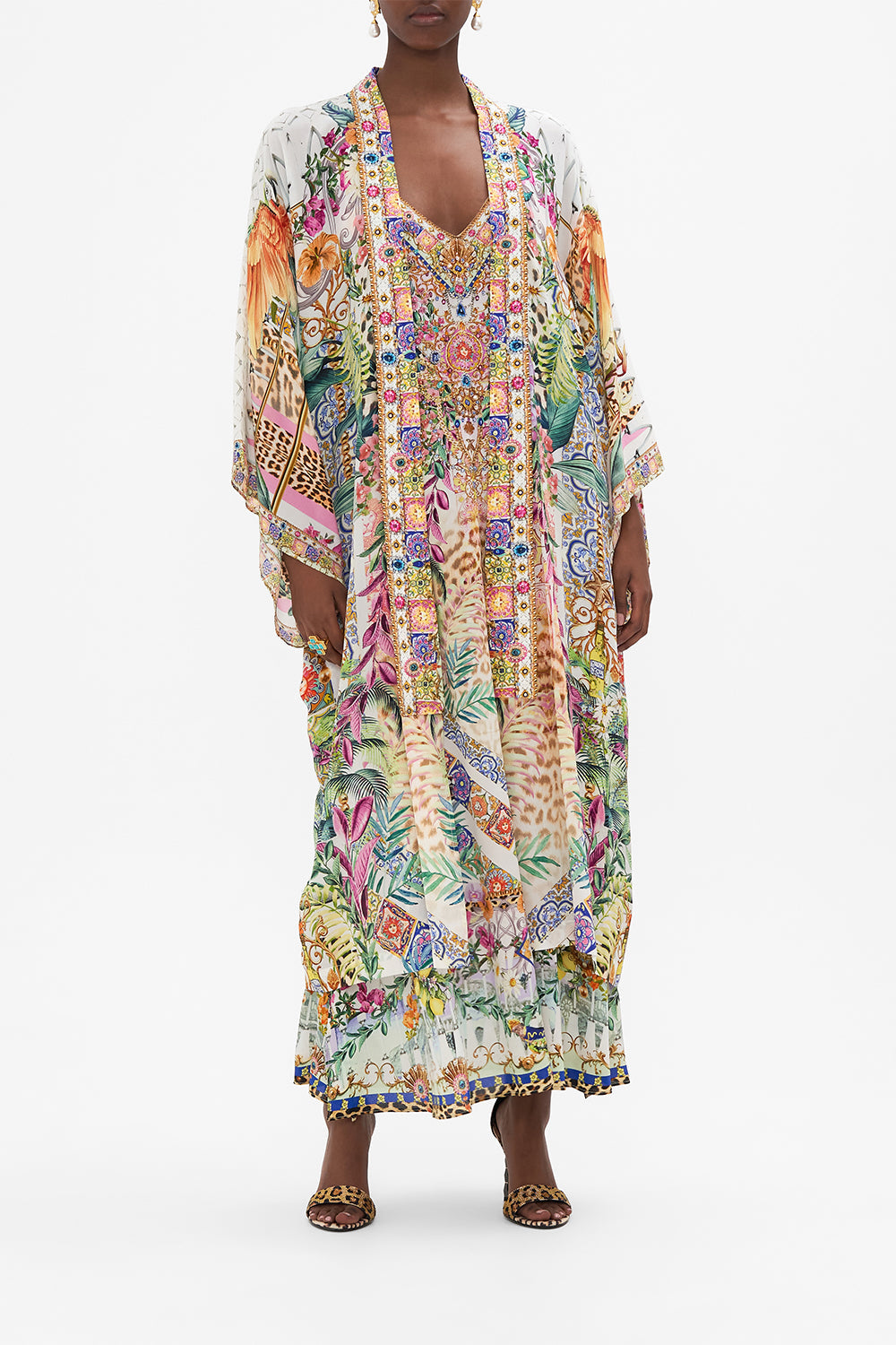 Front view of model wearing CAMILLA floral silk kimono in Flowers of Neptune print