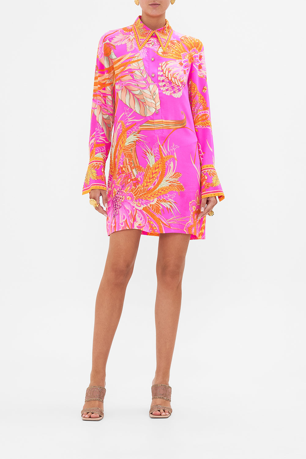 Front view of model wearing CAMILLA silk shirt dress in A Heart That Flutters print
