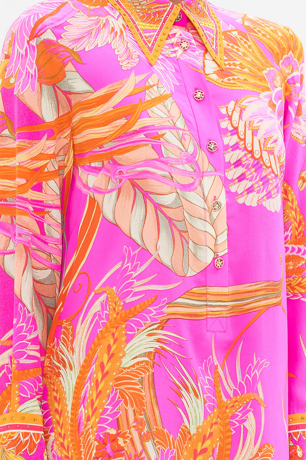 Detail view of model wearing CAMILLA silk shirt dress in A Heart That Flutters print