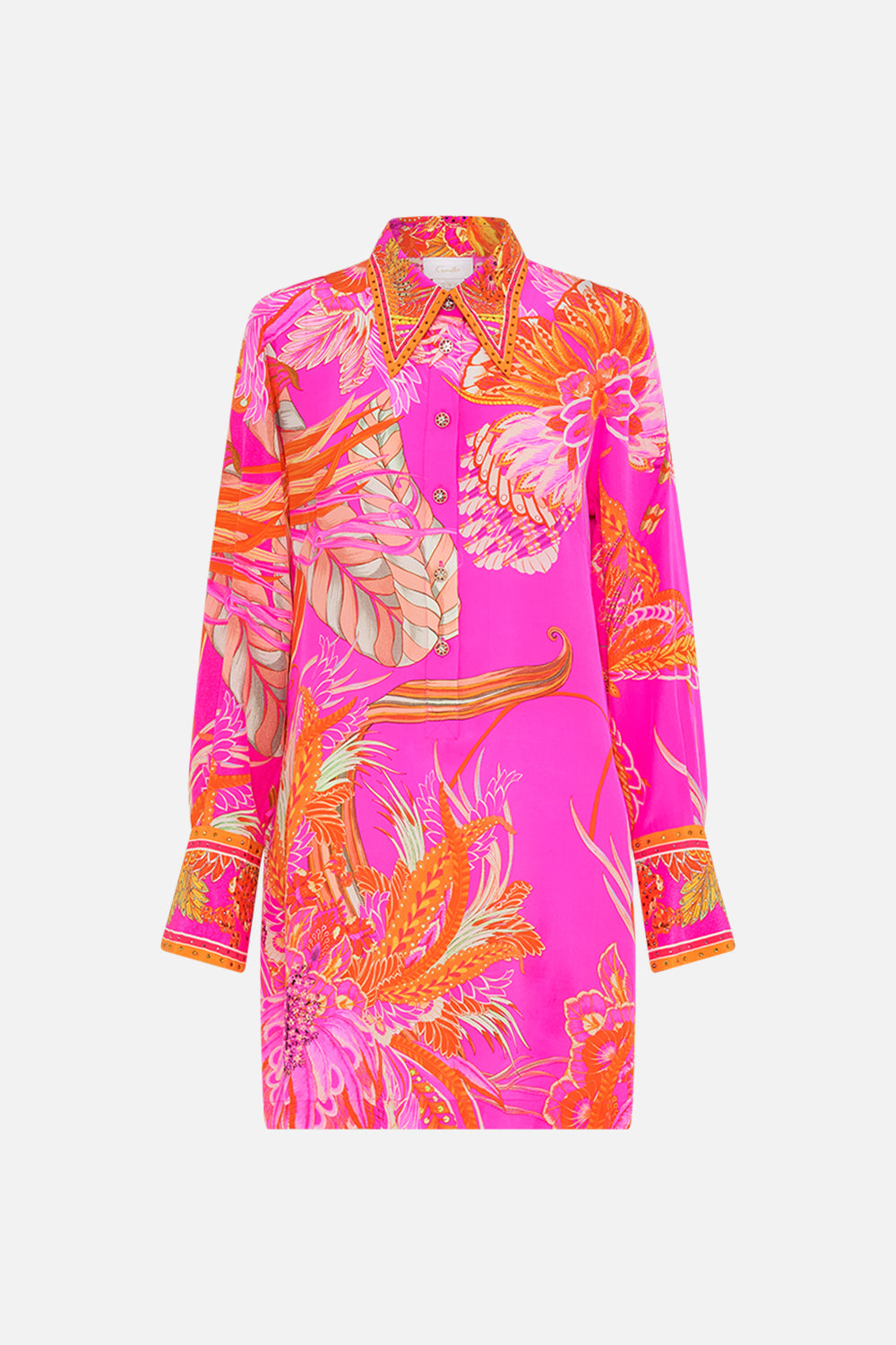 Product view of CAMILLA silk shirt dress in A Heart That Flutters print