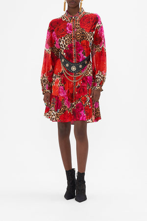 Crop view of model wearing CAMILLA floral shirt dress in Heart Like A Wildflower print