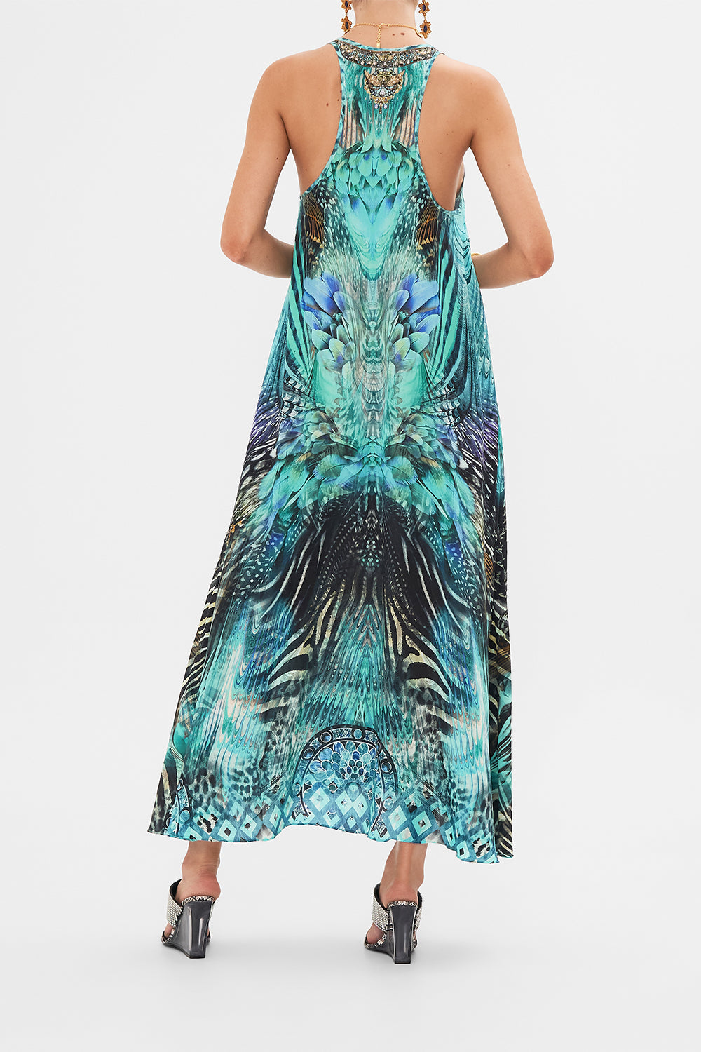 Back view of model wearing CAMILLA silk maxi dress in Azure Allure print