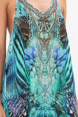 Detail view of model wearing CAMILLA silk maxi dress in Azure Allure print
