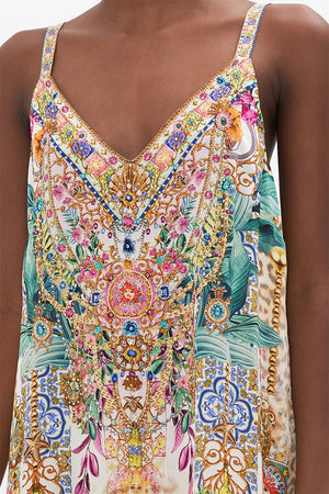 Detail view of model wearing CAMILLA floral silk slip dress in Flowers Of Neptune print 