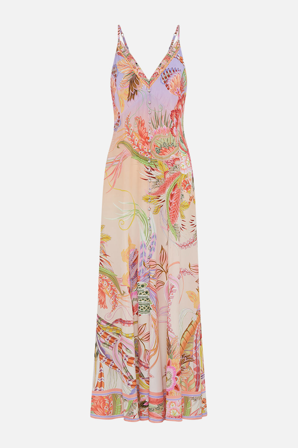 Product view of CAMILLA button through silk dress in Cosmic Tuscan print