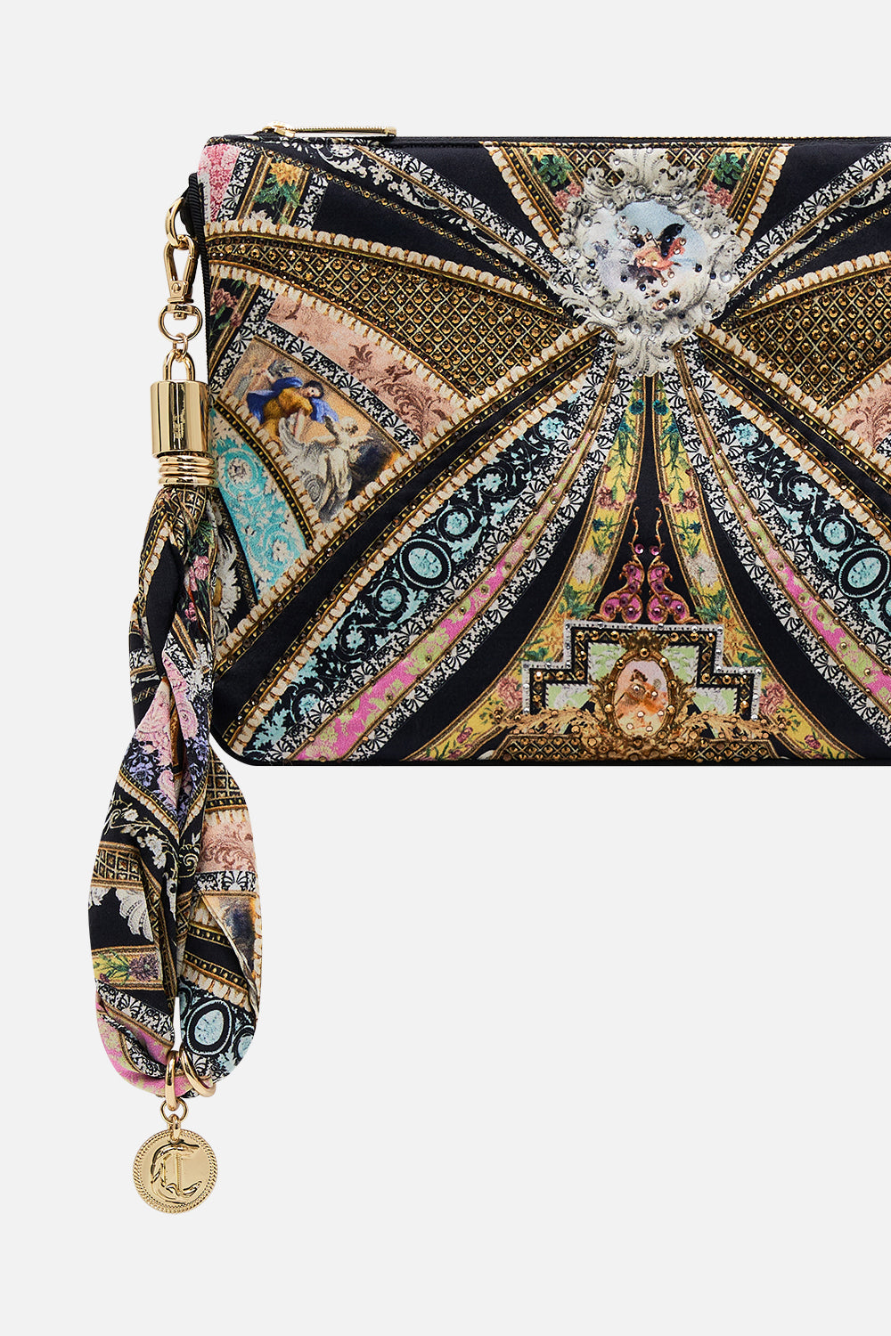 Product view of CAMILLA silk clutch bag in Florence Field Day print