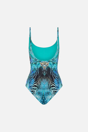 Detail view of model wearing CAMILLA designer one piece swimsuit in Azure Allure