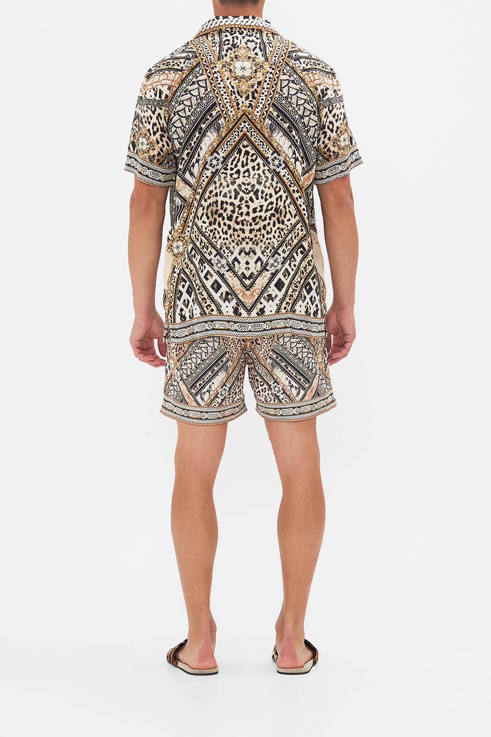 Back view of model wearing Hotel Franks By CAMILLA  mens short sleeve camp collared shirt in Mosaic Muse print 