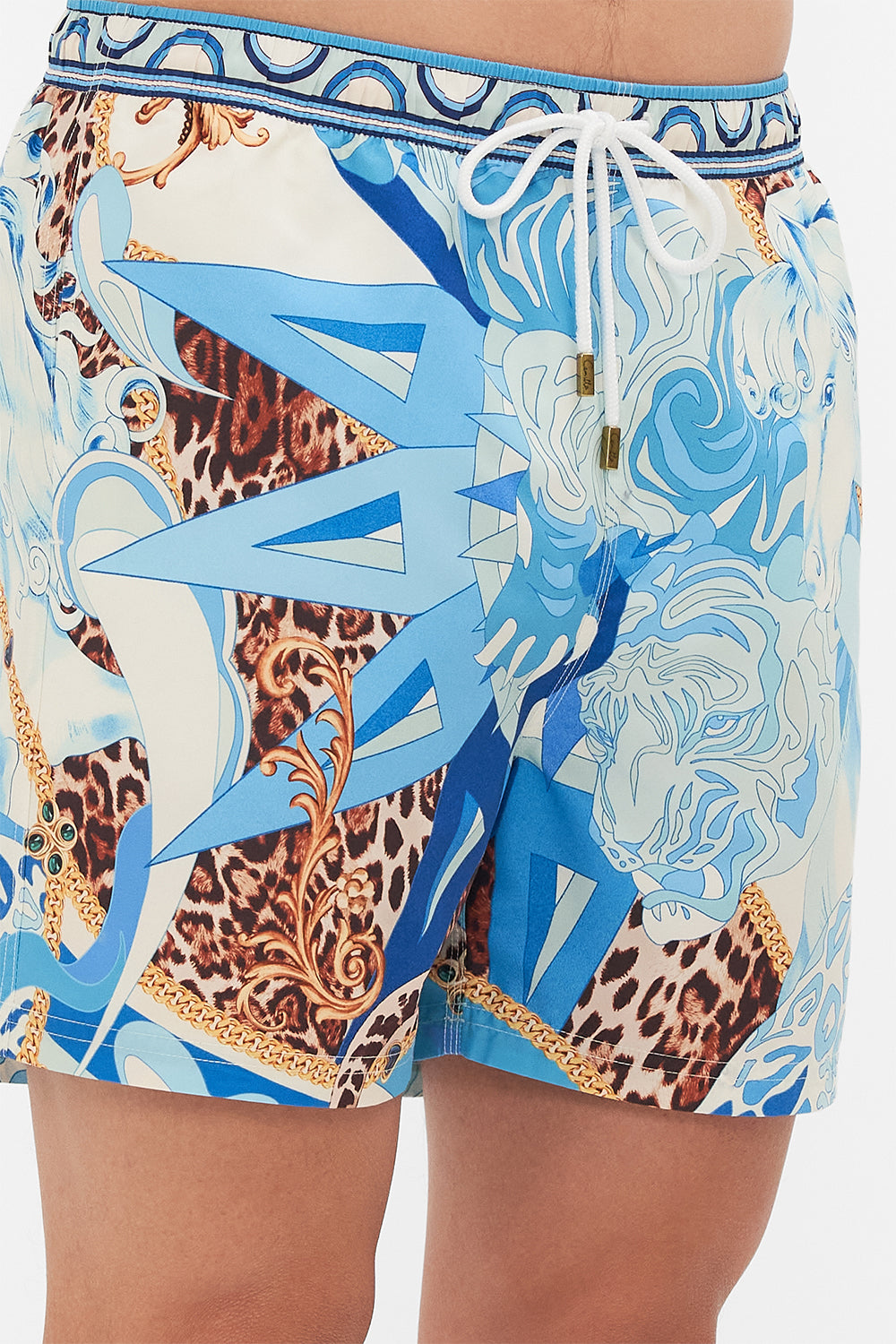 Detail view of model wearing Hotel Franks By CAMILLA mens boardshort in Sky Cheetah print 