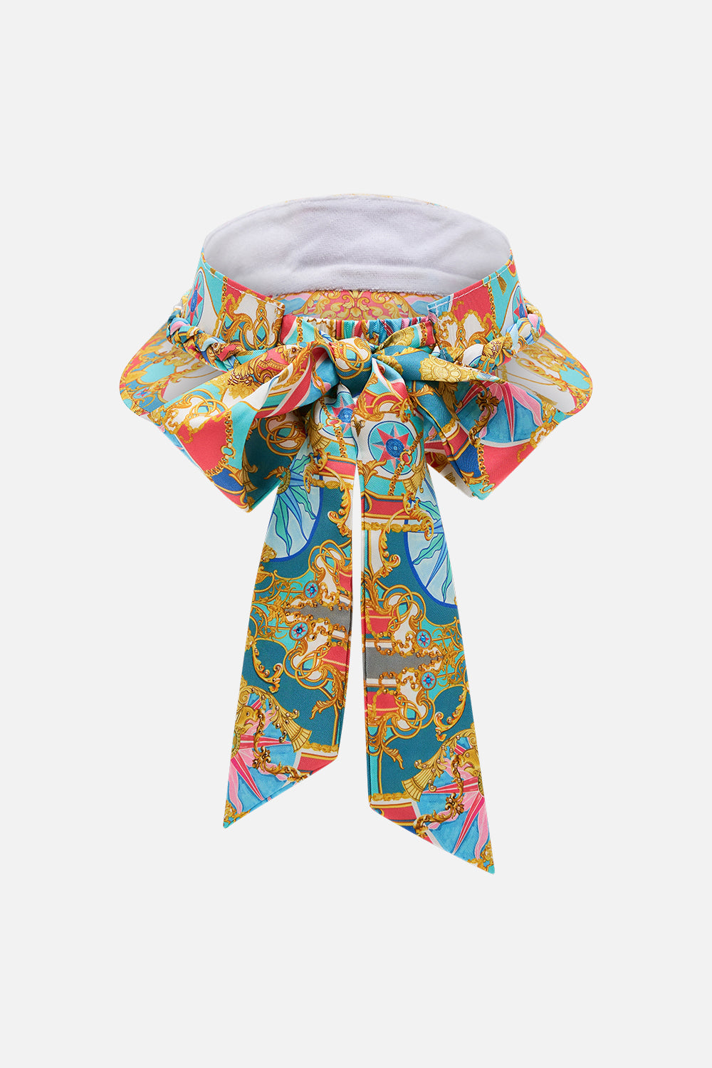 Product view of CAMILLA flora visor hat in Renaissance Romance print 