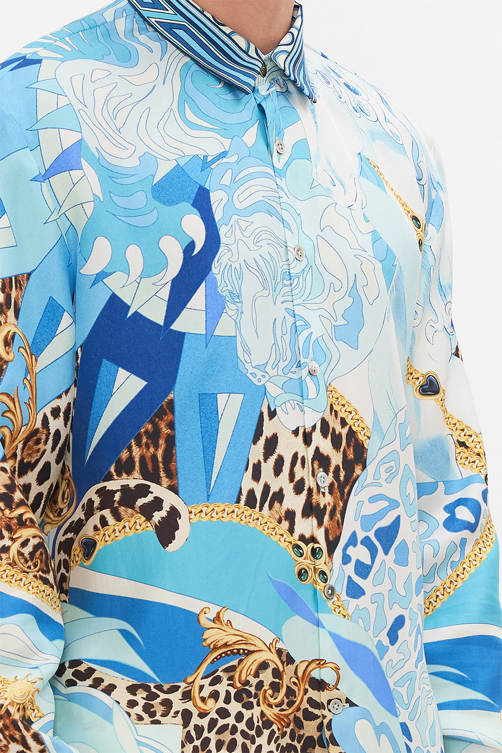 Detail view of model wearing Hotel Franks By CAMILLA mens long sleeve shirt Sky Cheetah print