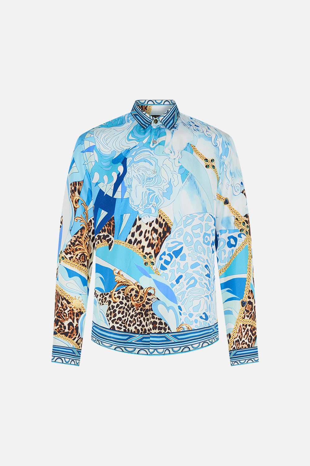 Product view of Hotel Franks By CAMILLA mens long sleeve shirt Sky Cheetah print