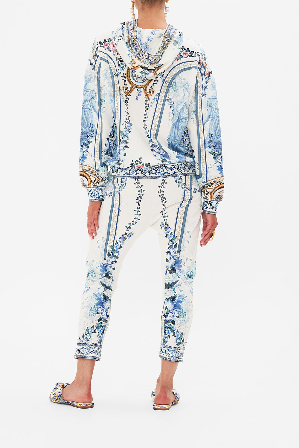 Back view of model wearing CAMILLA hoodie in Season Of The Siren print 