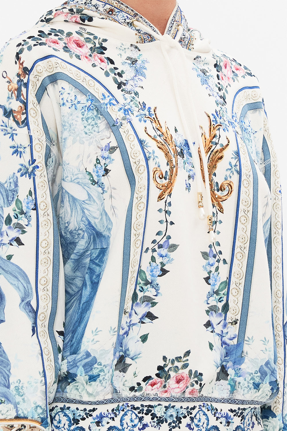 Detail view of model wearing CAMILLA hoodie in Season Of The Siren print 