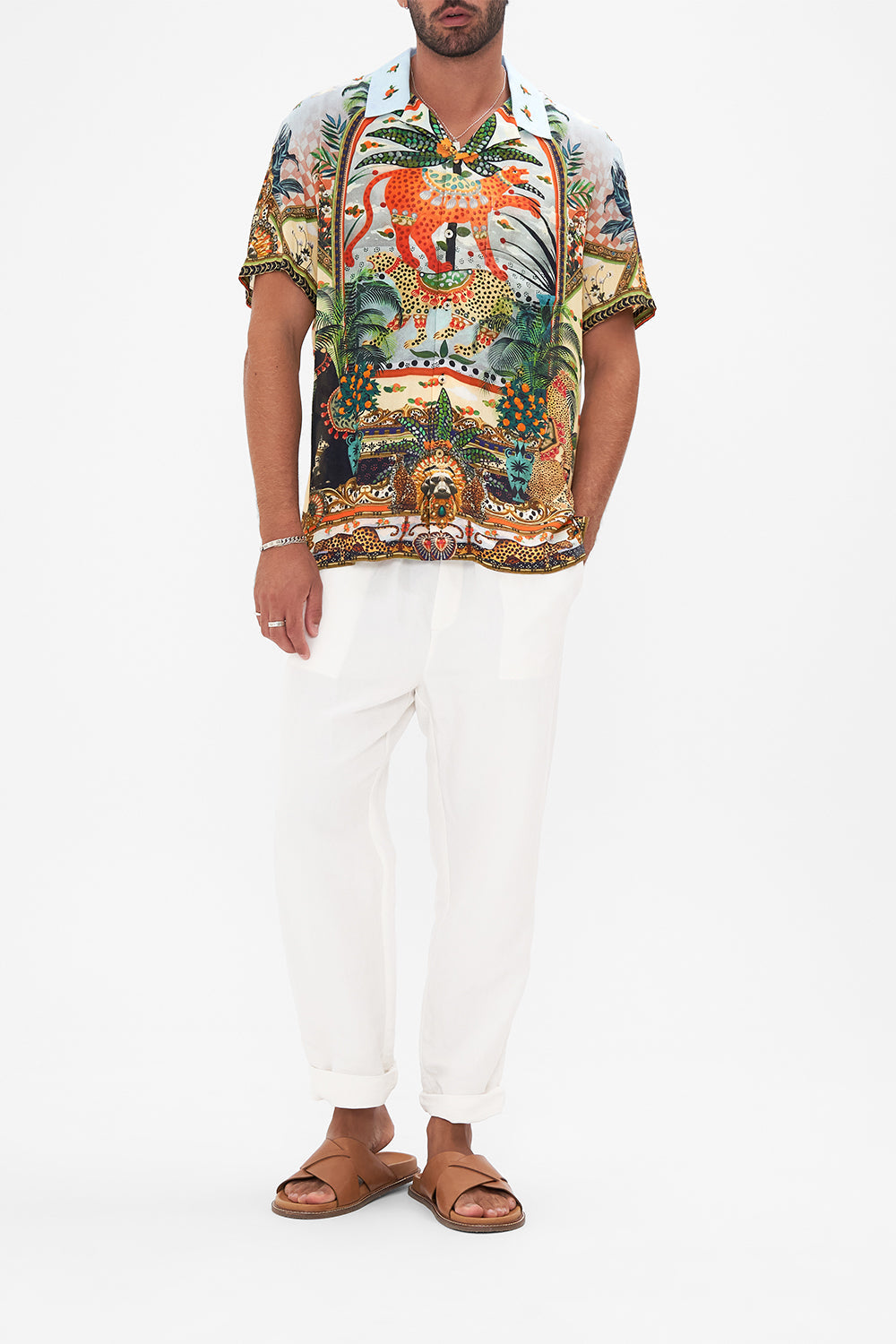 Front view of model wearing HOTEL FRANKS BY CAMILLA mens collared shirt in Alessandro's Atlantis print