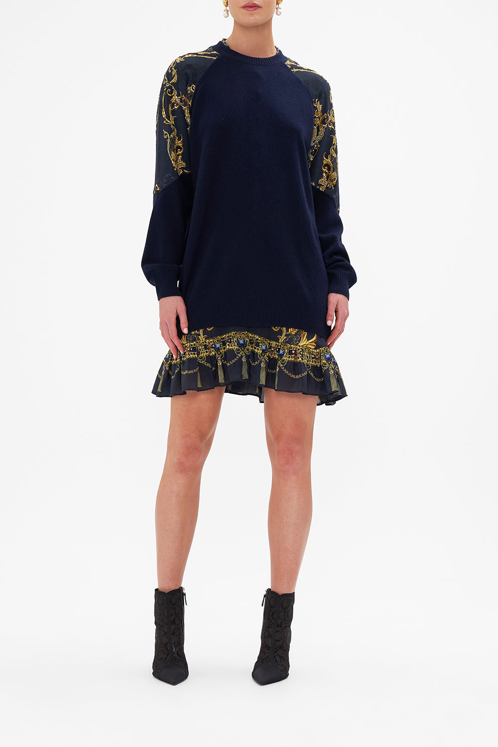 Front view of model wearing CAMILLA navy knit jumper in Moonlight Melodies print