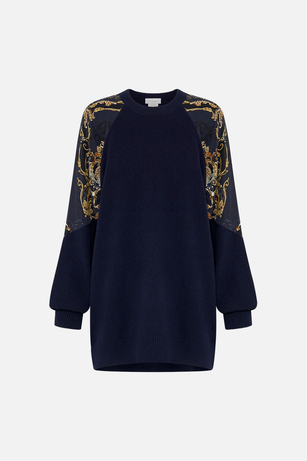 Front product view of CAMILLA navy knit jumper in Moonlight Melodies print