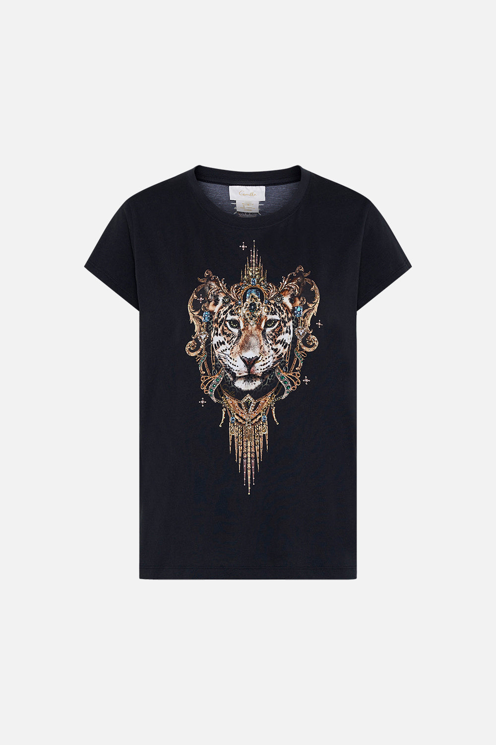 Front roduct view of CAMILLA black graphic tee in Lions Mane print