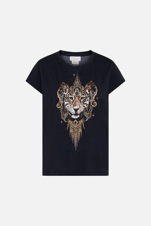 Front roduct view of CAMILLA black graphic tee in Lions Mane print