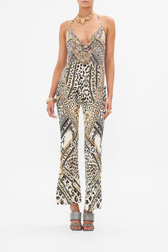 Front view of model wearing CAMILLA animal print bodysuit in Mosaic Muse