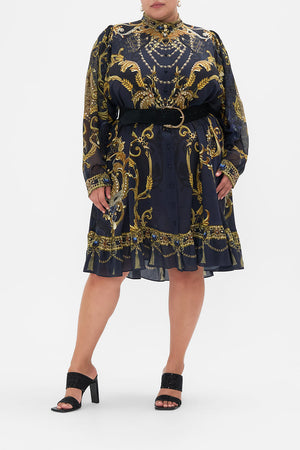 Front view of curvy model wearing CAMILLA plus size silk shirt dress in Moonlight Melodies print